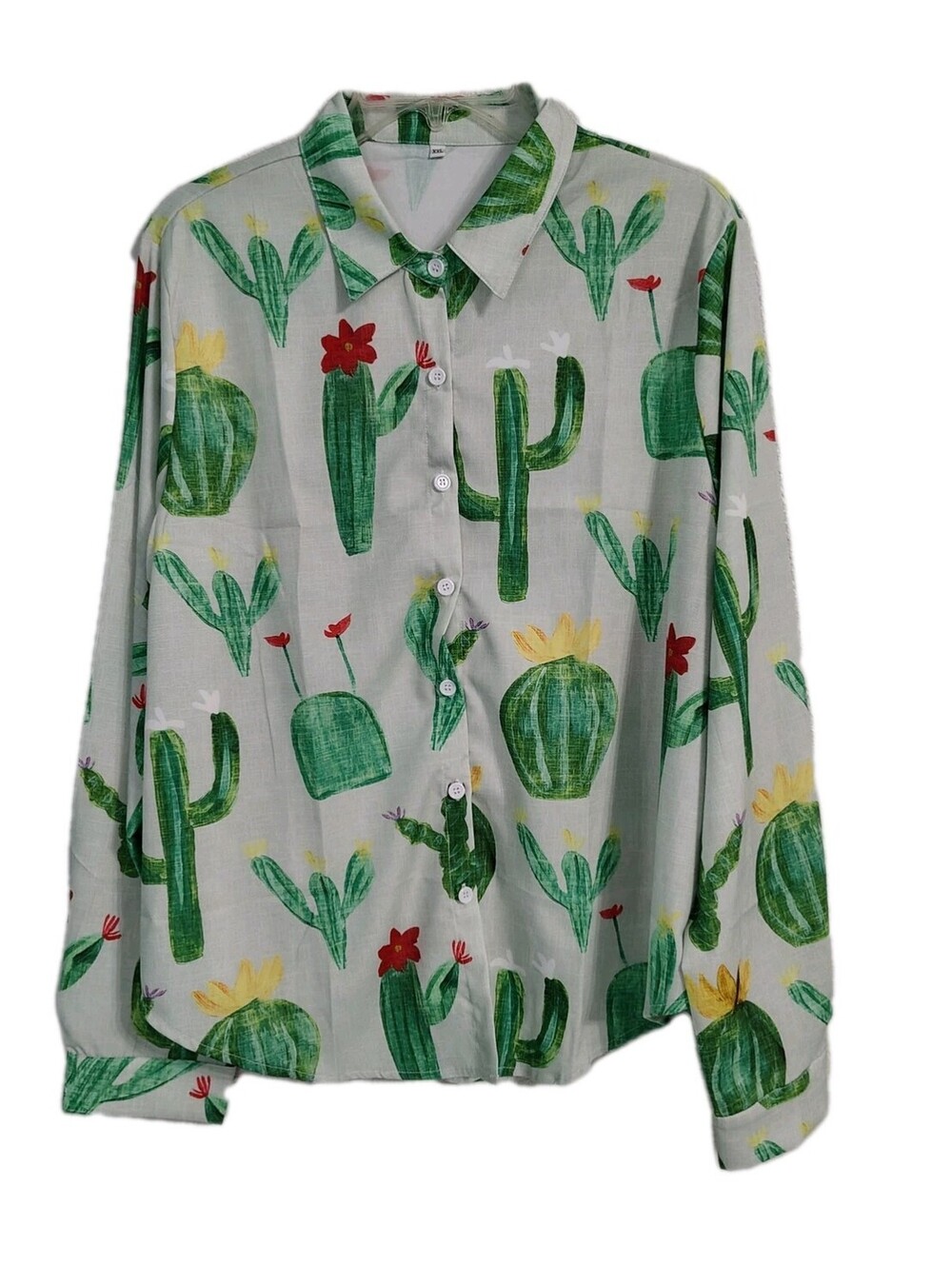 Women's XXL, Linen look, Cactus Print, Long Sleeve Button Down Shirt, EUC